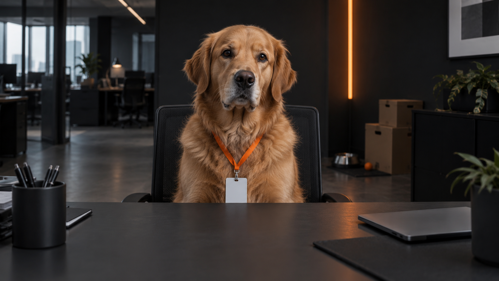 A golden retriever sitting solemnly at an office desk