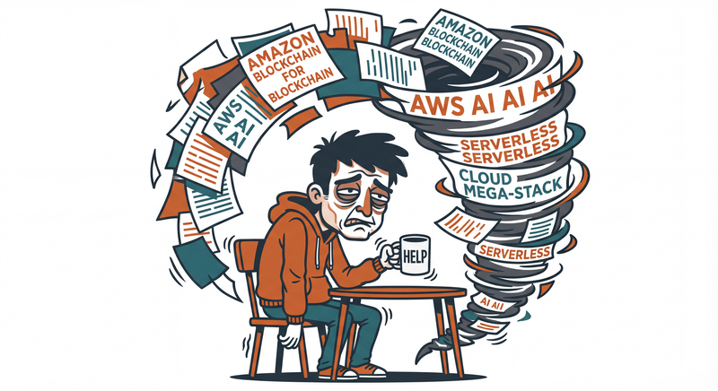 Exhausted conference attendee drowning in a tornado of AWS announcement papers, clutching a coffee cup that says HELP