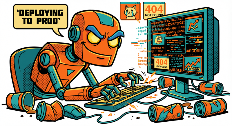 A mischievous robot deploying to production, surrounded by energy drinks and 404 errors